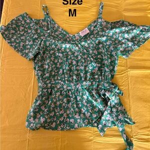 Floral Cold-Shoulder Tie-Waist Top - Green